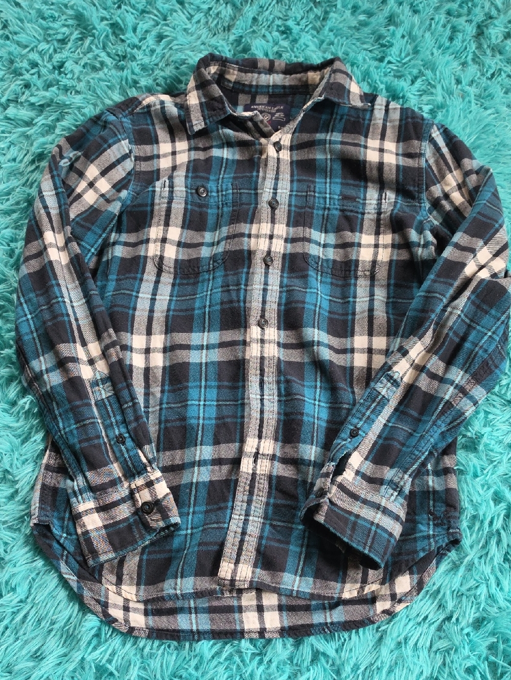 American Eagle Men Flannel Shirt Size S/P Prep Fit Blue Plaid 100%Cotton Button